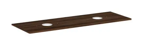 Konsole in dunkler Holzoptik mit zwei runden Ausschnitten, geeignet für einen Aufsatzwaschtisch. Von der Marke Hansgrohe.